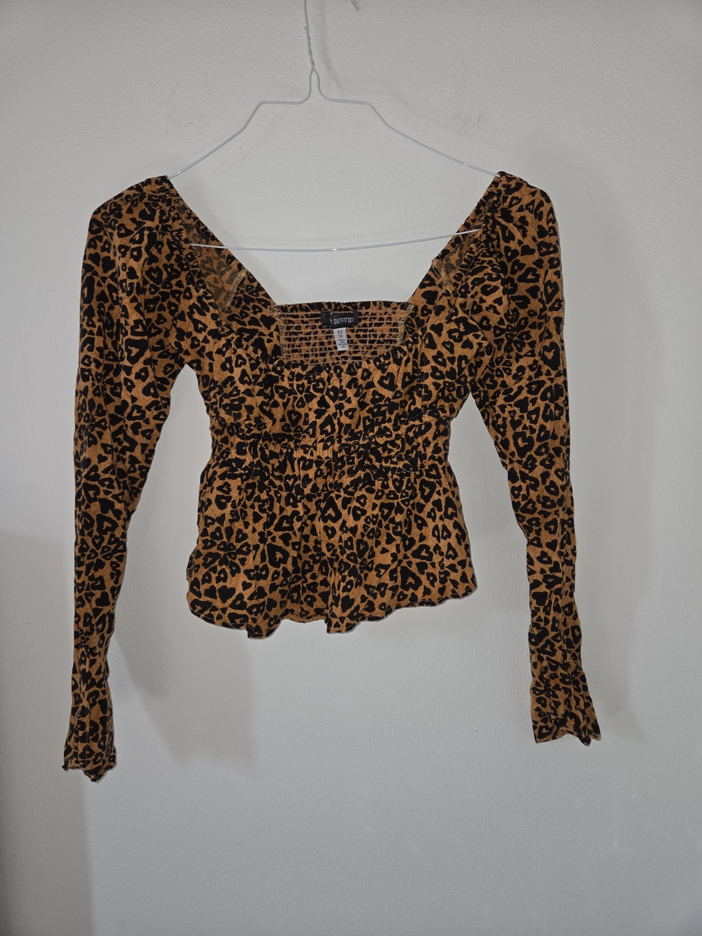Urban Outfitters Leopard Smocked Long-Sleeve Top - Tan/Black